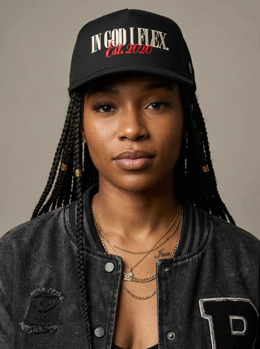 Model wearing IGIF Black Embroidered Cap