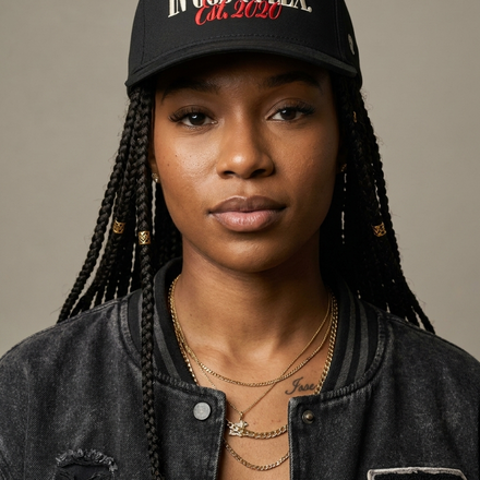Model wearing IGIF Black Embroidered Cap
