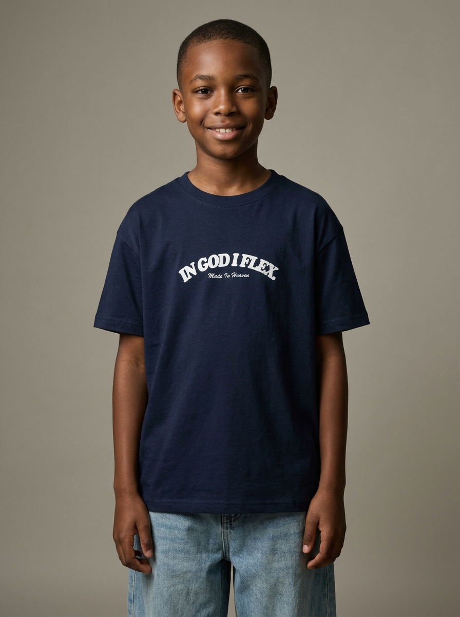 Youth model wearing navy IGIF t-shirt