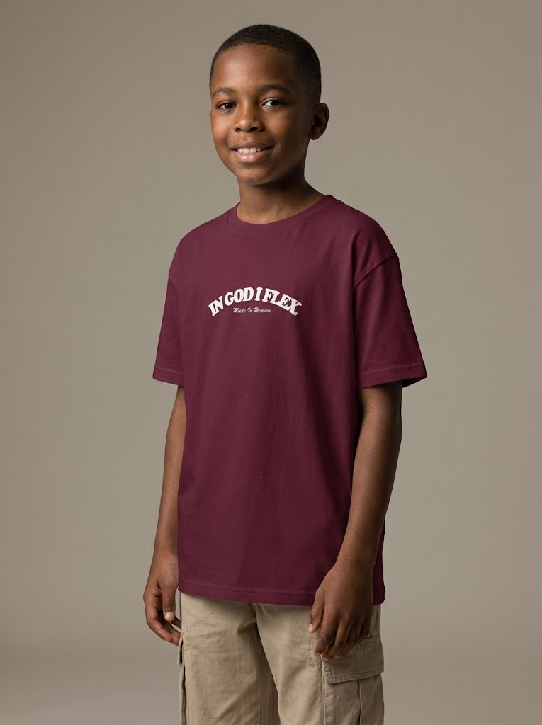 Youth model wearing maroon IGIF t-shirt