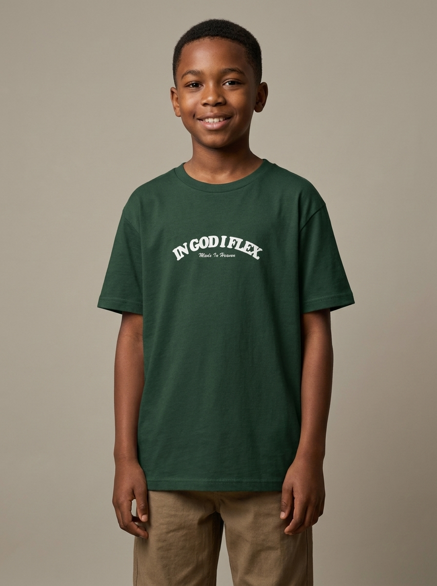 Youth model wearing forest green IGIF t-shirt