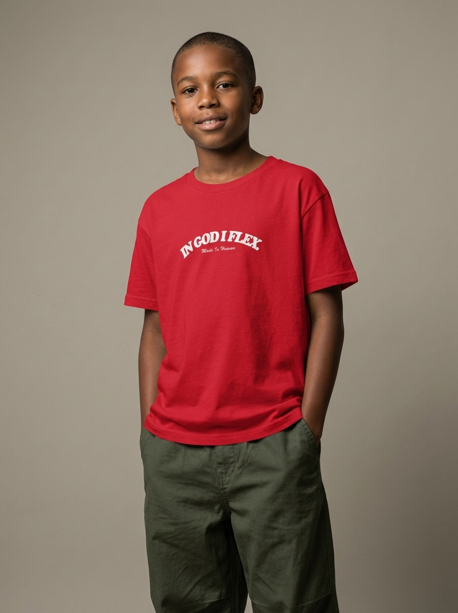 Youth model wearing red IGIF t-shirt