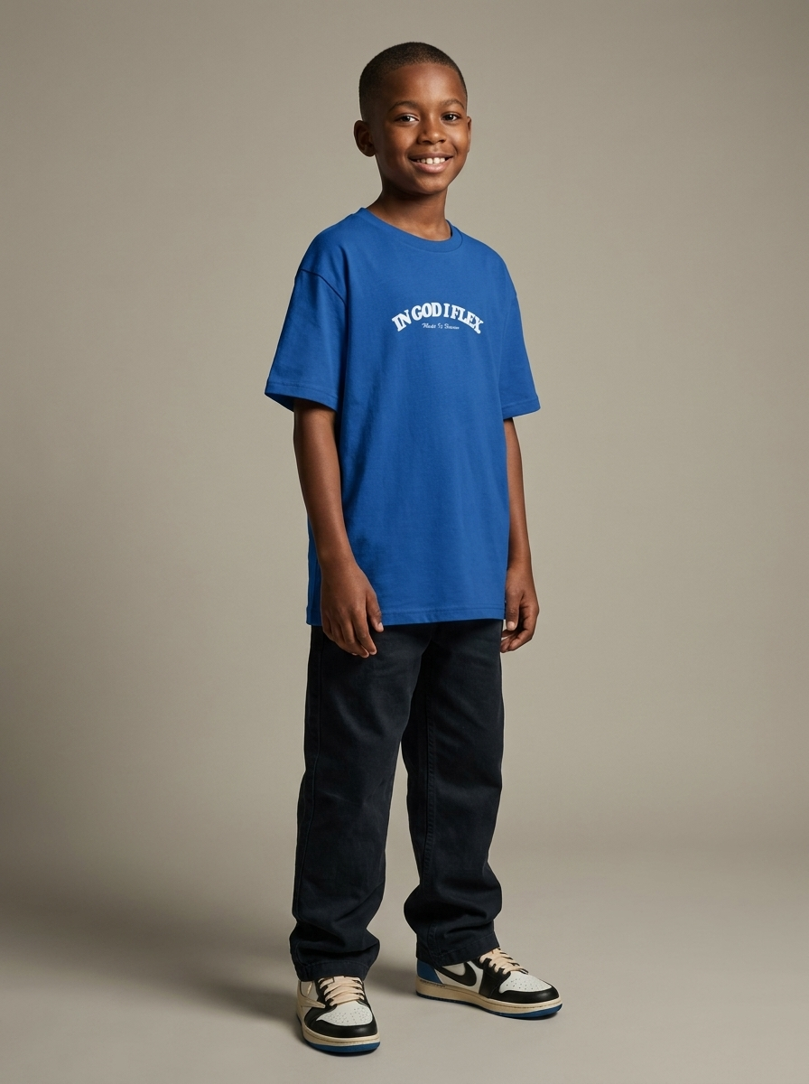 Youth model wearing royal blue IGIF t-shirt