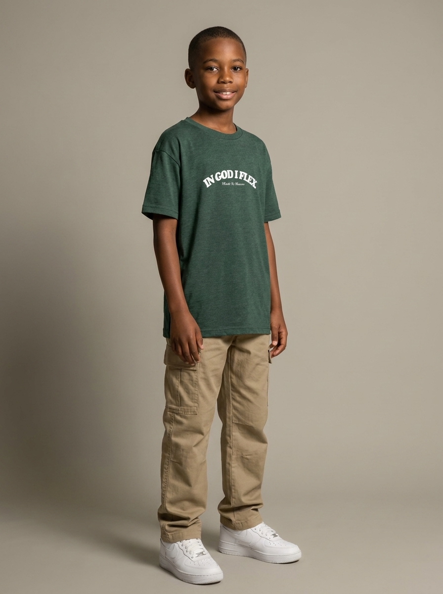 Youth model wearing heather forest IGIF t-shirt