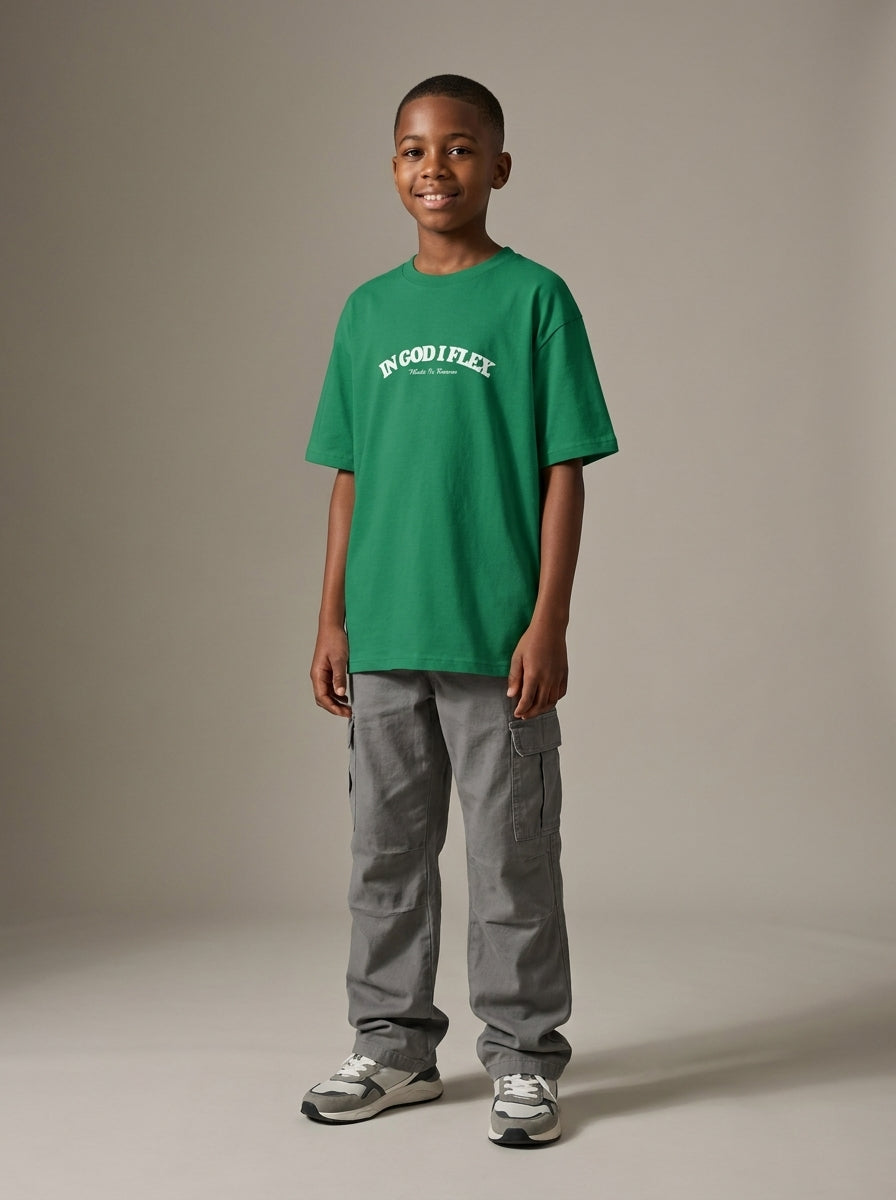Youth model wearing kelly green IGIF t-shirt