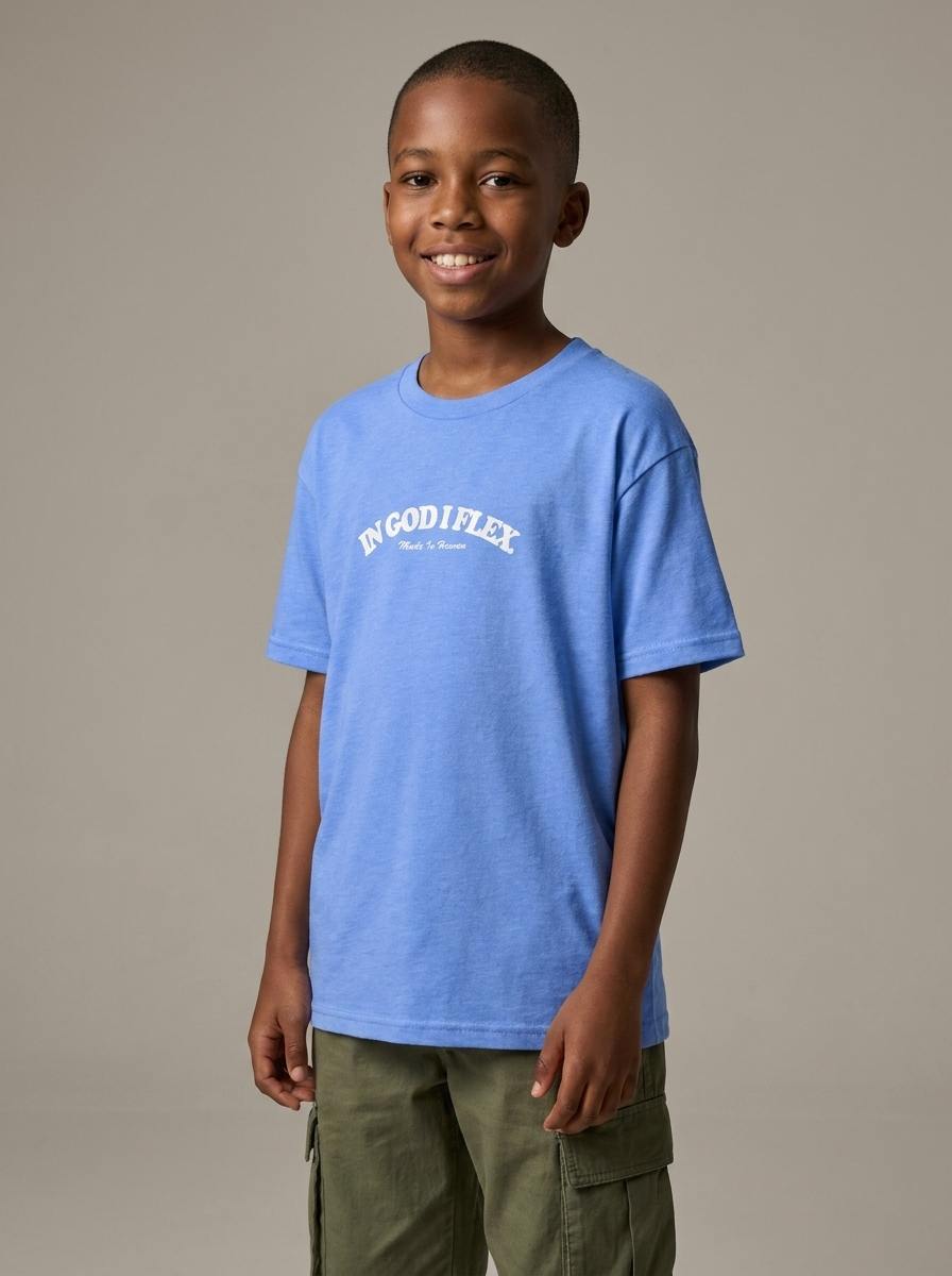 Youth model wearing heather columbia blue IGIF t-shirt