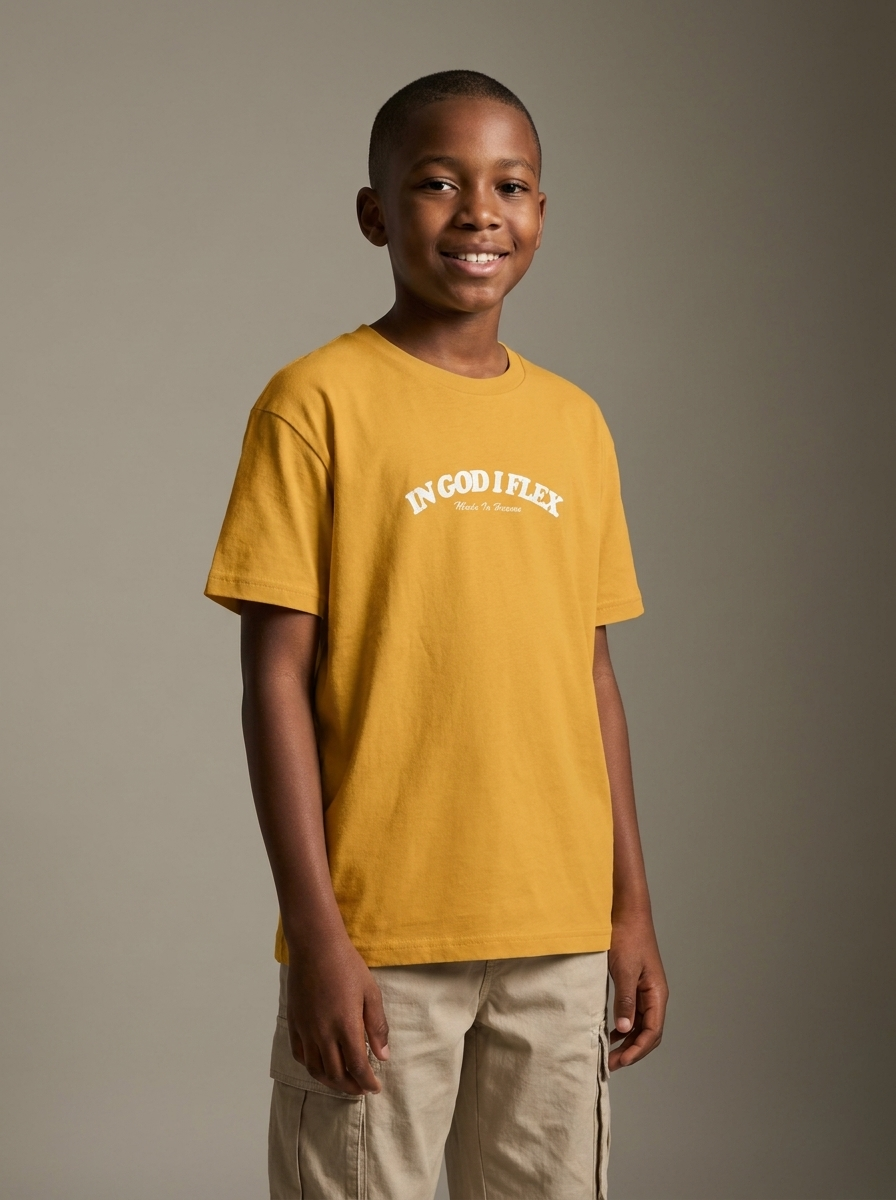 Youth model wearing mustard IGIF t-shirt