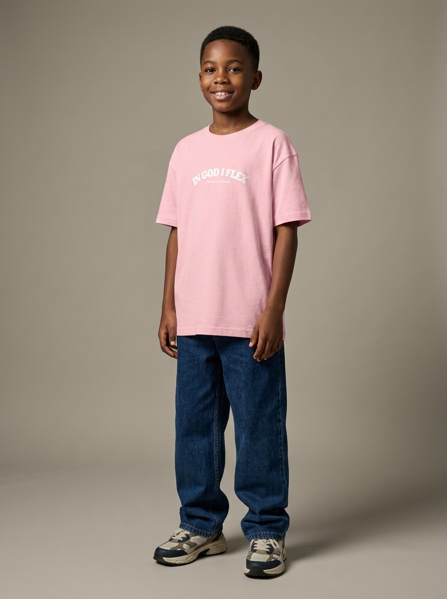 Youth model wearing pink IGIF t-shirt